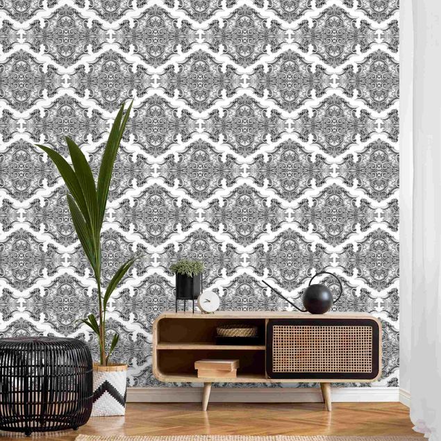 Fotobehang Watercolour Baroque Pattern With Ornaments In Gray