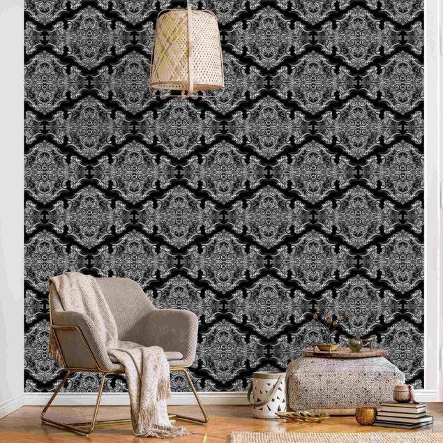 Fotobehang Watercolour Baroque Pattern With Ornaments In Front Of Black