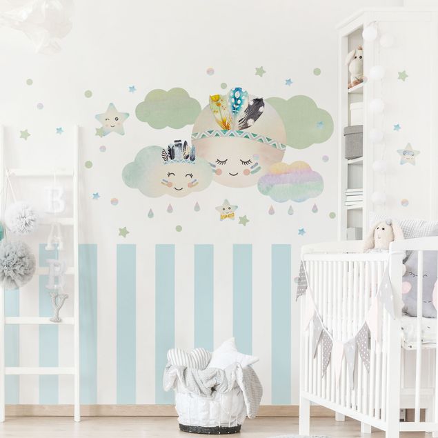 Muurstickers Watercolor Moon Clouds Star Feathers