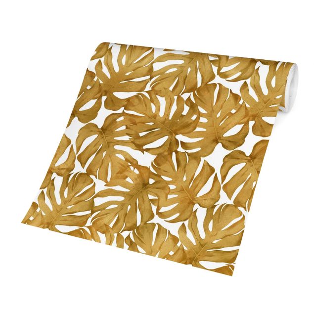 Patroonbehang Watercolour Monstera Leaves In Gold