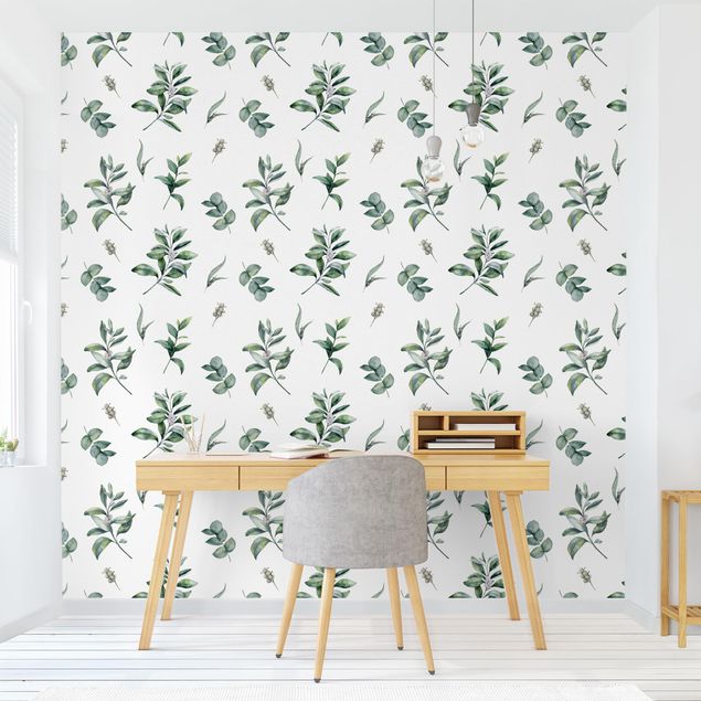 Fotobehang Watercolor Pattern Branches And Leaves