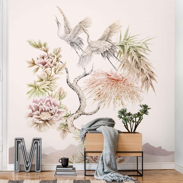 Fotobehang Watercolour Storks In Flight With Flowers