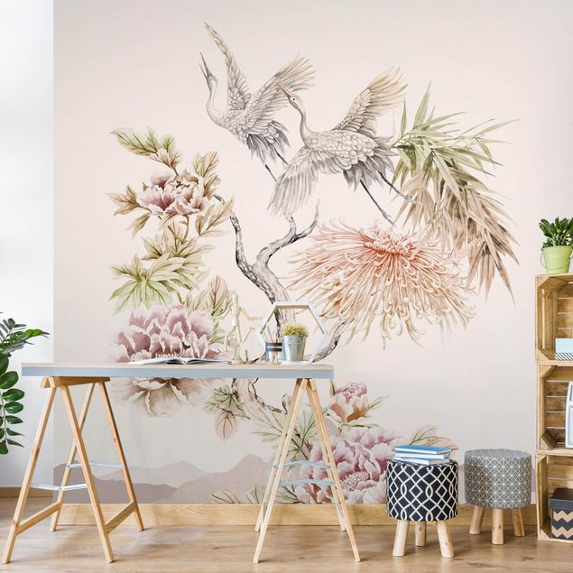 Fotobehang Watercolour Storks In Flight With Flowers