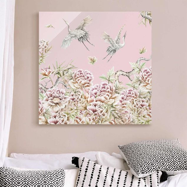 Glas Magnetboard Watercolour Storks In Flight With Roses On Pink