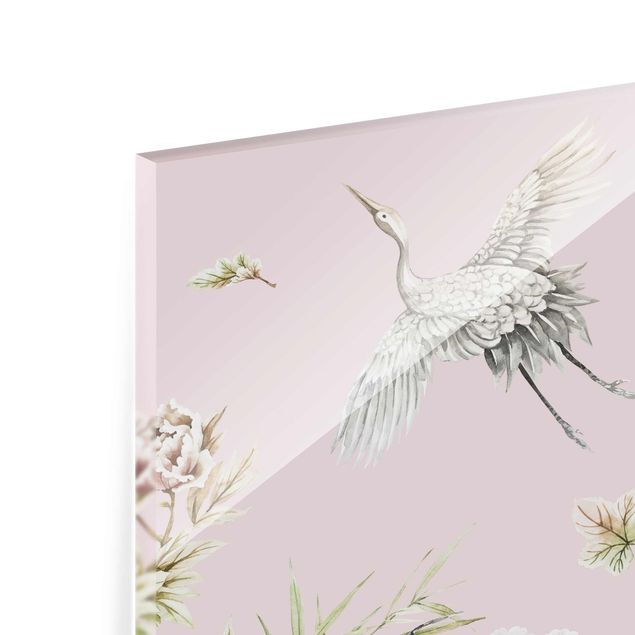 Glasschilderijen Watercolour Storks In Flight With Roses On Pink
