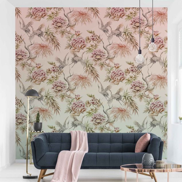 Patroonbehang Watercolour Birds With Large Flowers In Ombre
