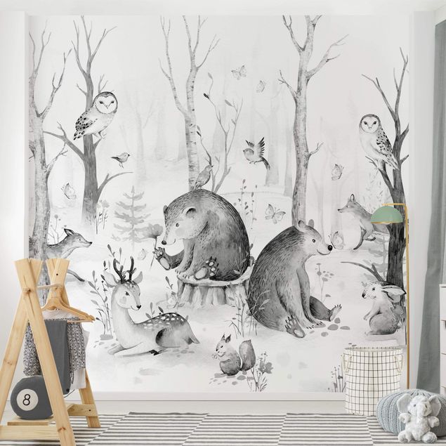 Fotobehang Watercolour Forest Animal Friends Black And White