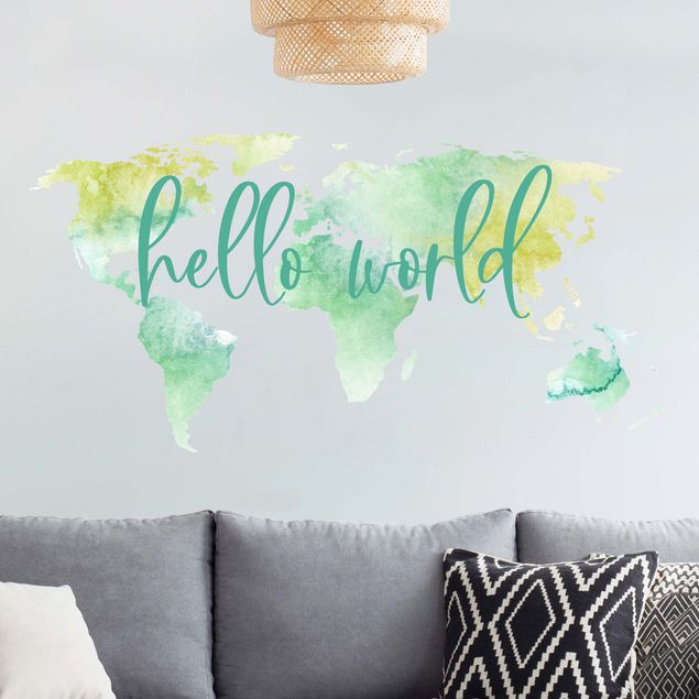 Muurstickers wereldkaart Watercolor world map turquoise with desired text