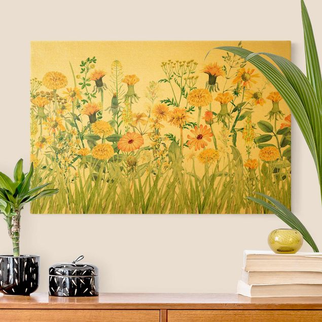 Canvas schilderijen - Watercolour Flower Meadow In Yellow