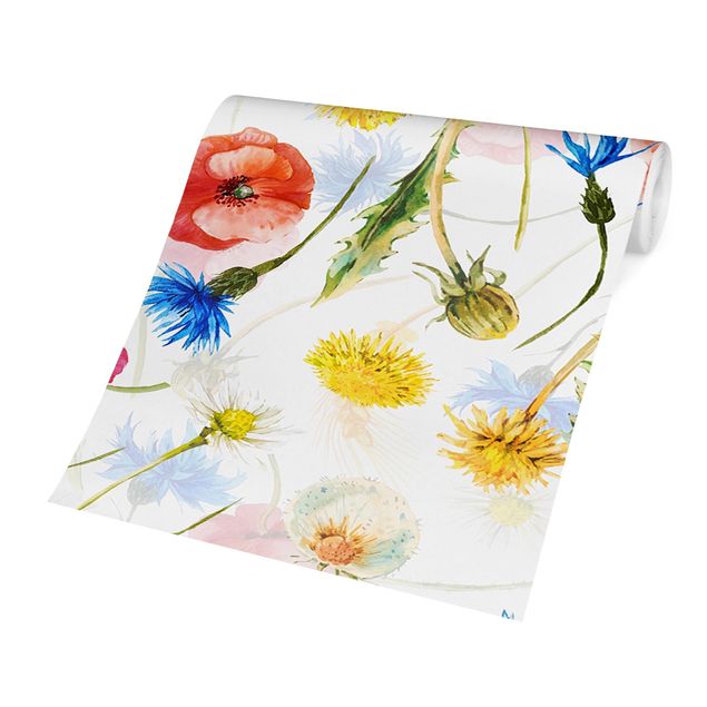 Patroonbehang Watercolour Wild Flowers With Poppies