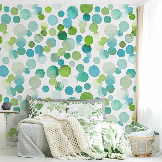 Patroonbehang Watercolour Dots Confetti In Bluish Green