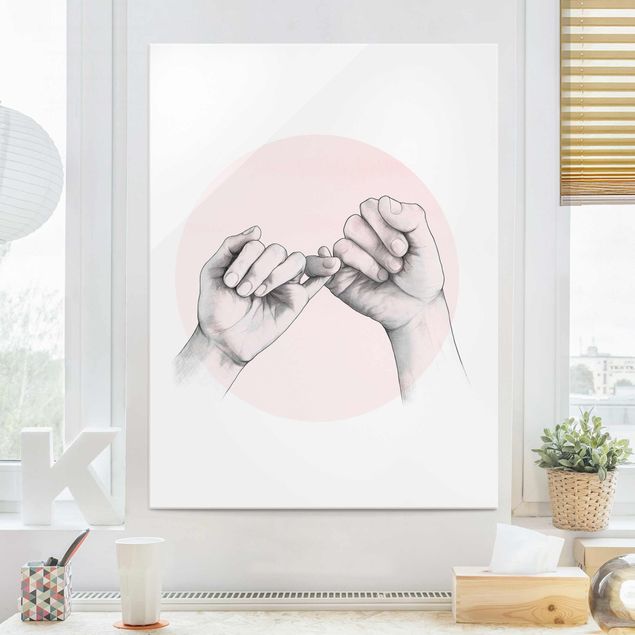 Glasschilderijen Illustration Hands Friendship Circle Pink White