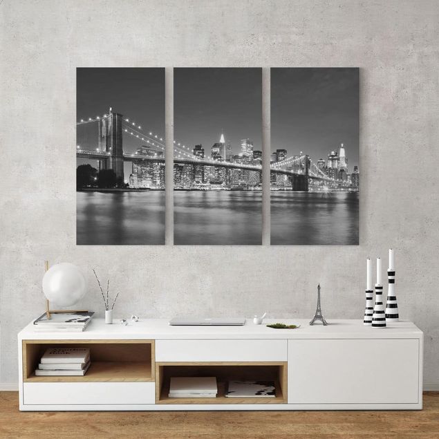 Canvas schilderijen - 3-delig Nighttime Manhattan Bridge II