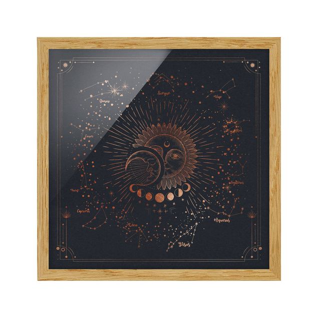 Ingelijste posters Astrology Sun Moon And Stars Blue Gold