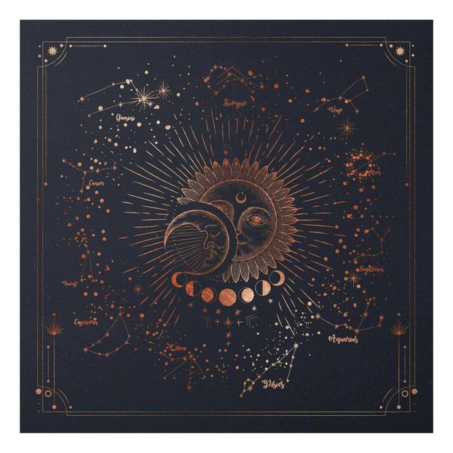 Glasschilderijen Astrology Sun Moon And Stars Blue Gold
