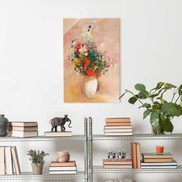 Glas Magnettafel Odilon Redon - Vase With Flowers (Rose-Colored Background)