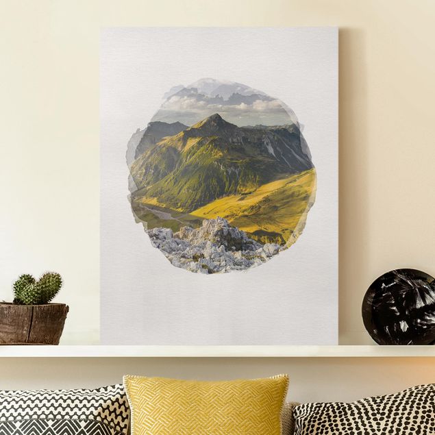 Canvas schilderijen WaterColours - Mountains And Valley Of The Lechtal Alps In Tirol