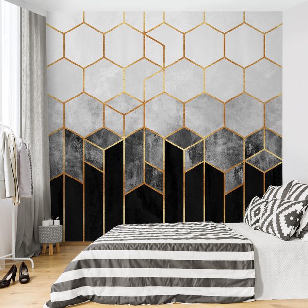 Patroonbehang Golden Hexagons Black And White