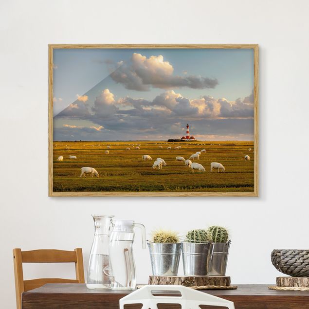 Ingelijste posters North Sea Lighthouse With Flock Of Sheep