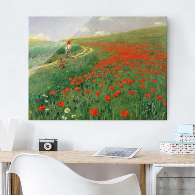 Glasschilderijen Pál Szinyei-Merse - Summer Landscape With A Blossoming Poppy