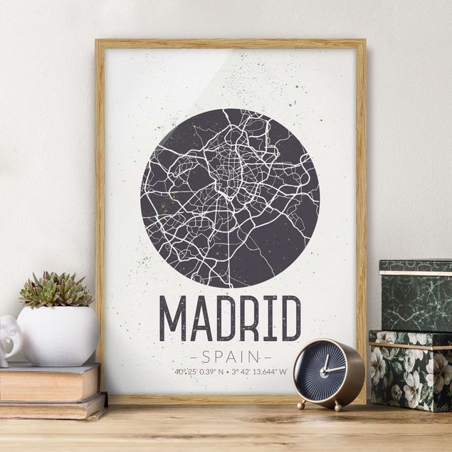 Ingelijste posters Madrid City Map - Retro