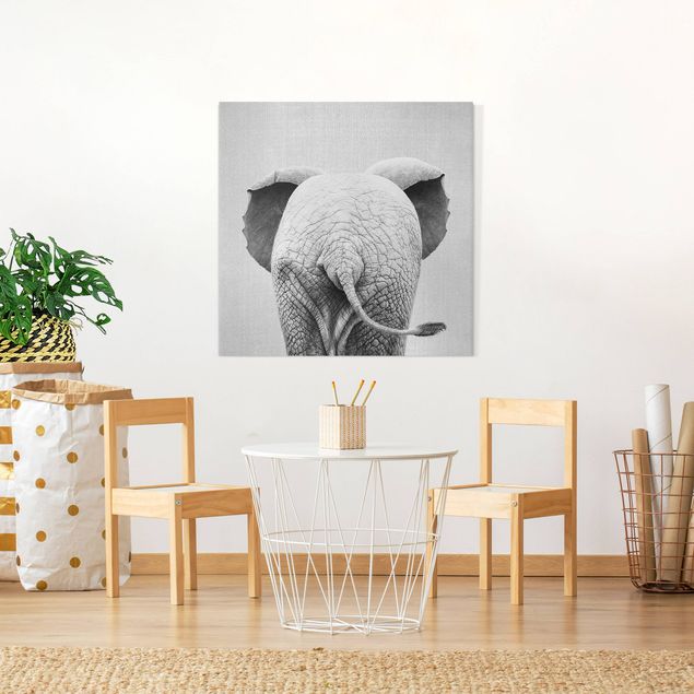 Leinwandbild - Baby Elefant von hinten Schwarz Weiß - Quadrat 1:1