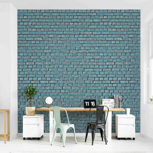 Fotobehang Brick Tile Wallpaper Turquoise Blue