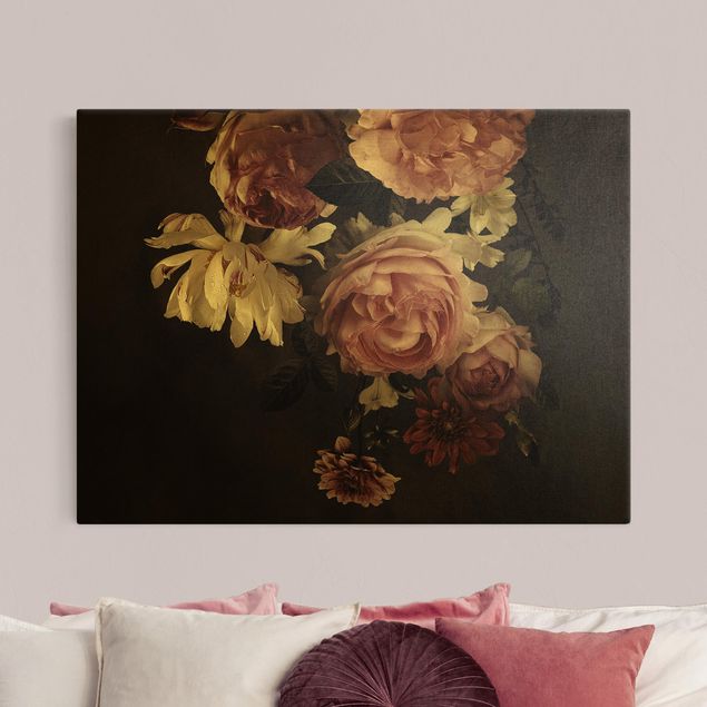 Canvas schilderijen - Goud Pink Flowers On Black Vintage