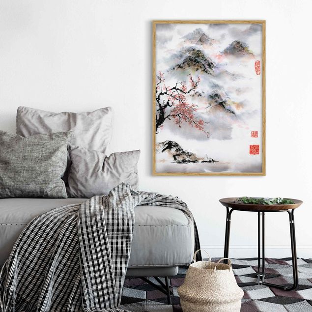 Ingelijste posters Japanese Watercolour Drawing Cherry Tree And Mountains