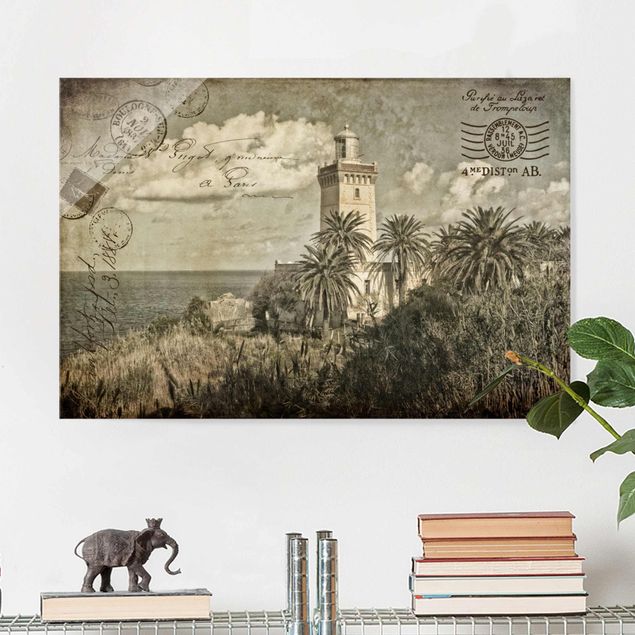 Magnettafel Glas Vintage Postcard With Lighthouse And Palm Trees