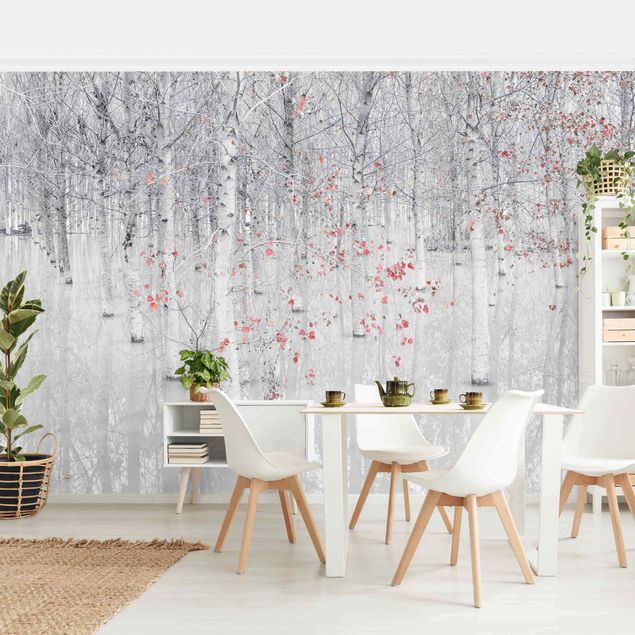 Fotobehang Birch Tree Forest With Light Pink Leaves