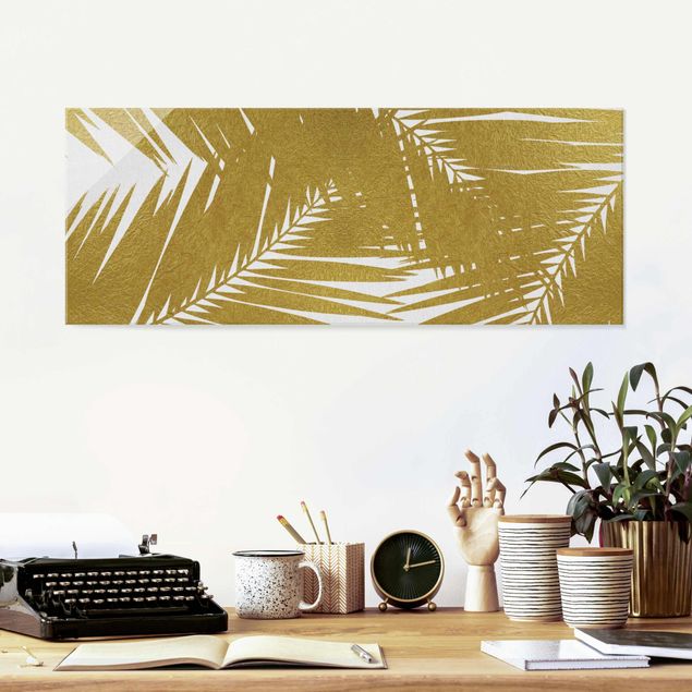 Magnettafel Glas View Through Golden Palm Leaves