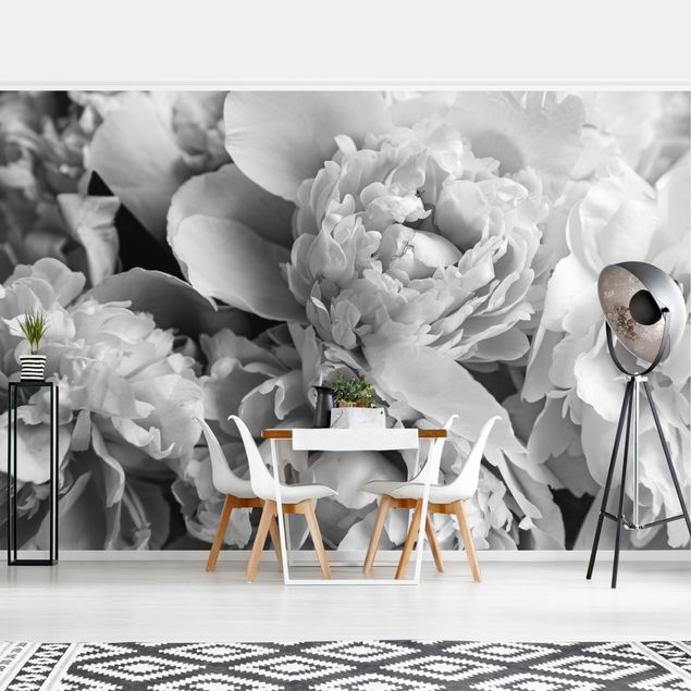 Fotobehang Blossoming Peonies Black And White