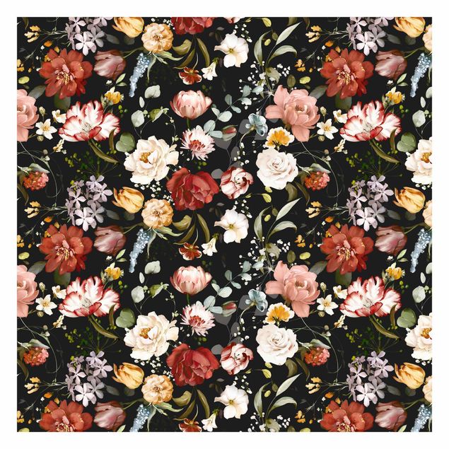 Fotobehang - Flowers Watercolour Vintage Pattern on Black
