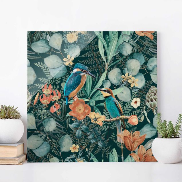 Glas Magnetboard Floral Paradise Kingfisher And Hummingbird