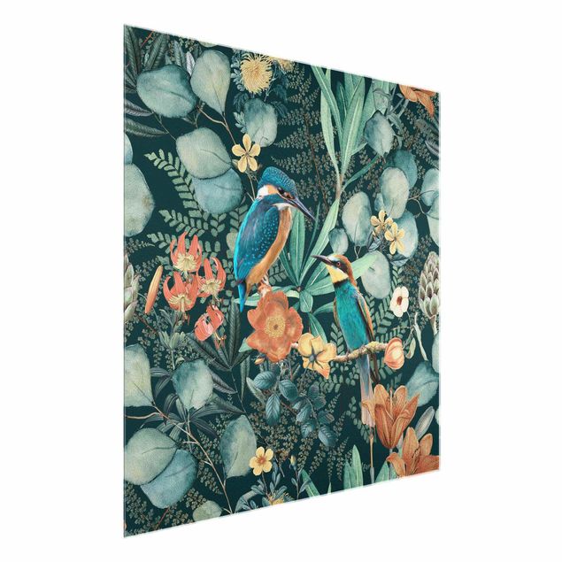Glasschilderijen Floral Paradise Kingfisher And Hummingbird