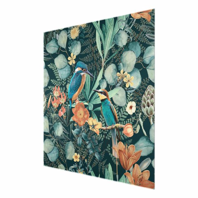 Glasschilderijen Floral Paradise Kingfisher And Hummingbird