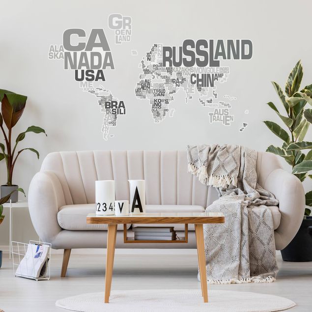 Muurstickers Letters world map gray