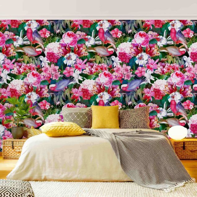 Patroonbehang Colourful Tropical Flowers With Birds Pink