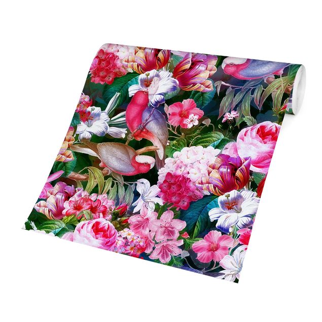 Patroonbehang Colourful Tropical Flowers With Birds Pink
