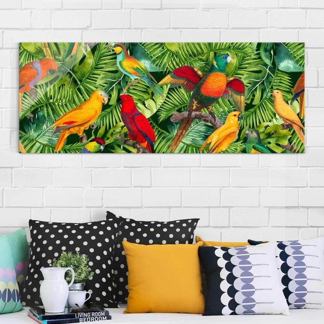 Magnettafel Glas Colourful Collage - Parrots In The Jungle