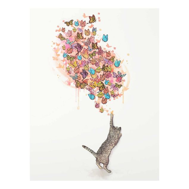Glasschilderijen Illustration Cat With Colourful Butterflies Painting