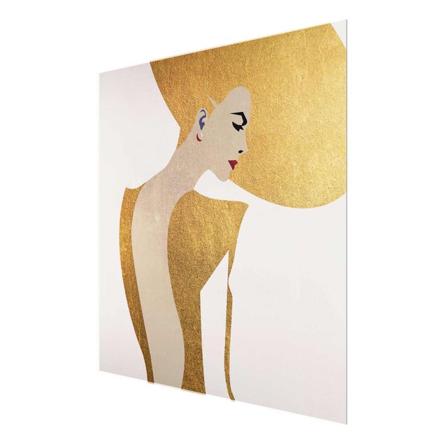 Glasschilderijen Lady With Hat Golden