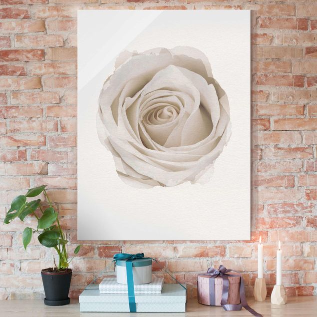Glasschilderijen WaterColours - Pretty White Rose