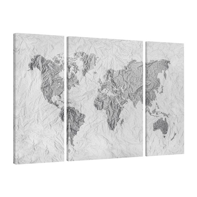 Canvas schilderijen - 3-delig Paper World Map White Grey