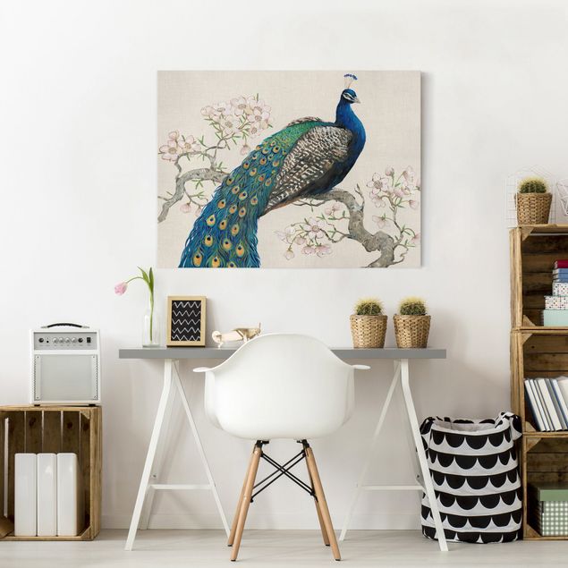 Canvas schilderijen Vintage Peacock With Cherry Blossoms