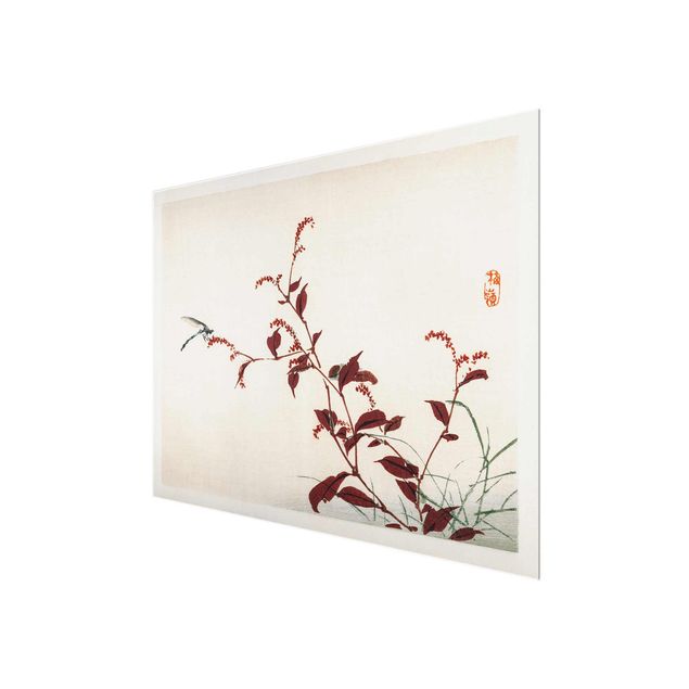 Glasschilderijen Asian Vintage Drawing Red Branch With Dragonfly
