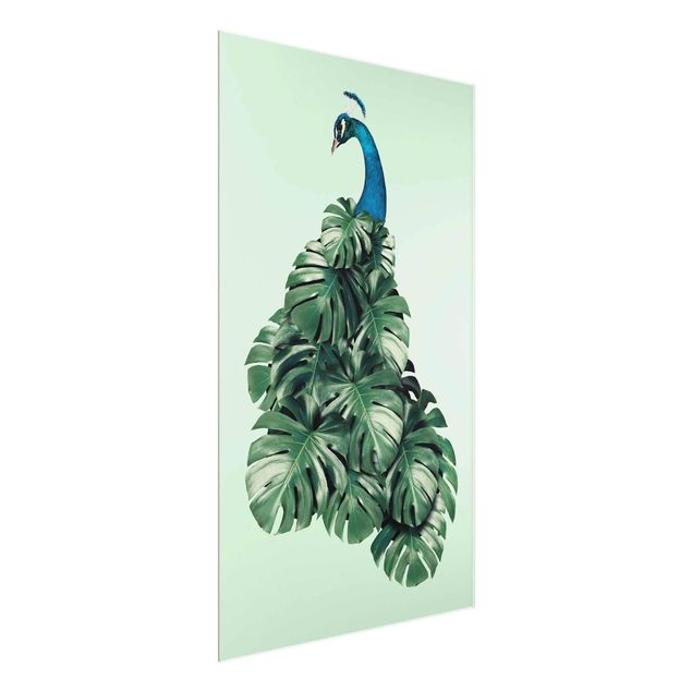 Glasschilderijen Peacock With Monstera Leaves