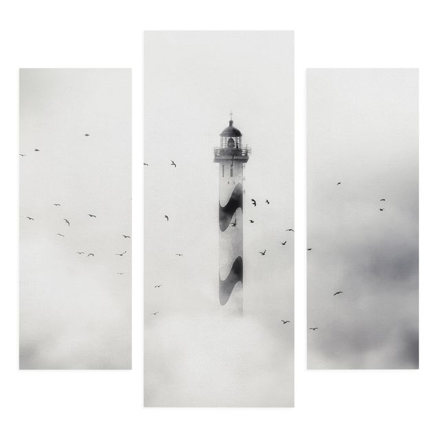 Canvas schilderijen - 3-delig Lighthouse In The Fog