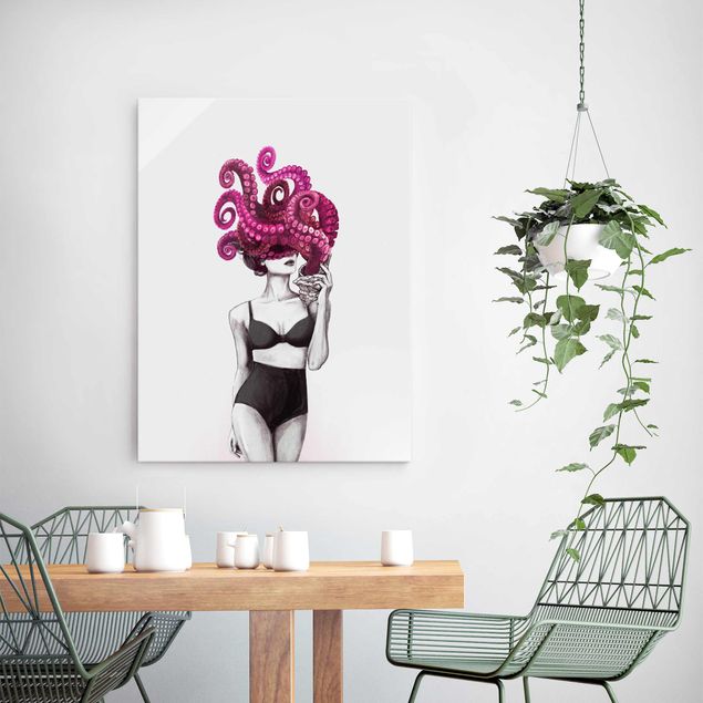 Glas Magnettafel Illustration Woman In Underwear Black And White Octopus